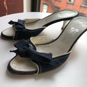 Salvatore Ferragamo Navy And White Kitten Heel 8